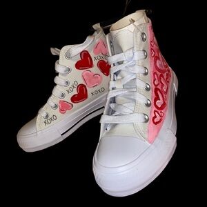 White and Pink Heart High-Top Sneakers (Handpainted) Valentine’s Day
